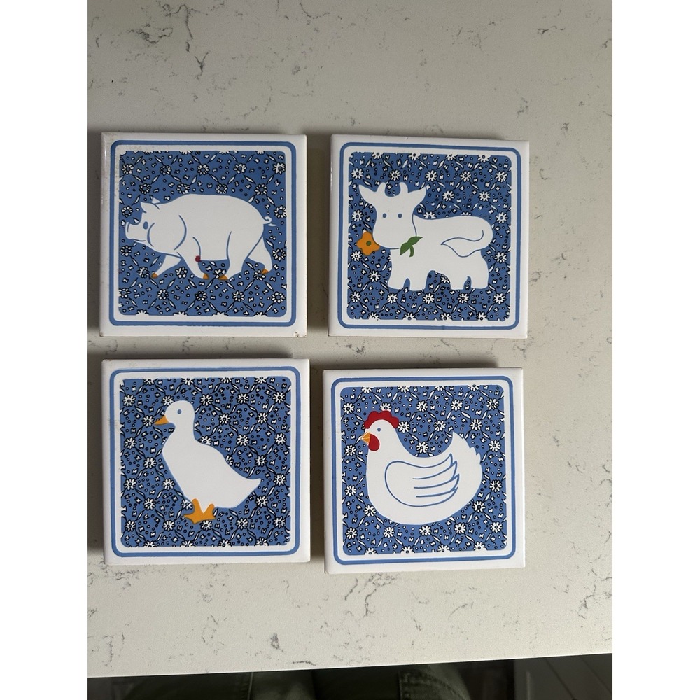 Vintage Farm Animal Ceramic Tile Trivets Set Farmhouse Duck Chicken Cow Pig